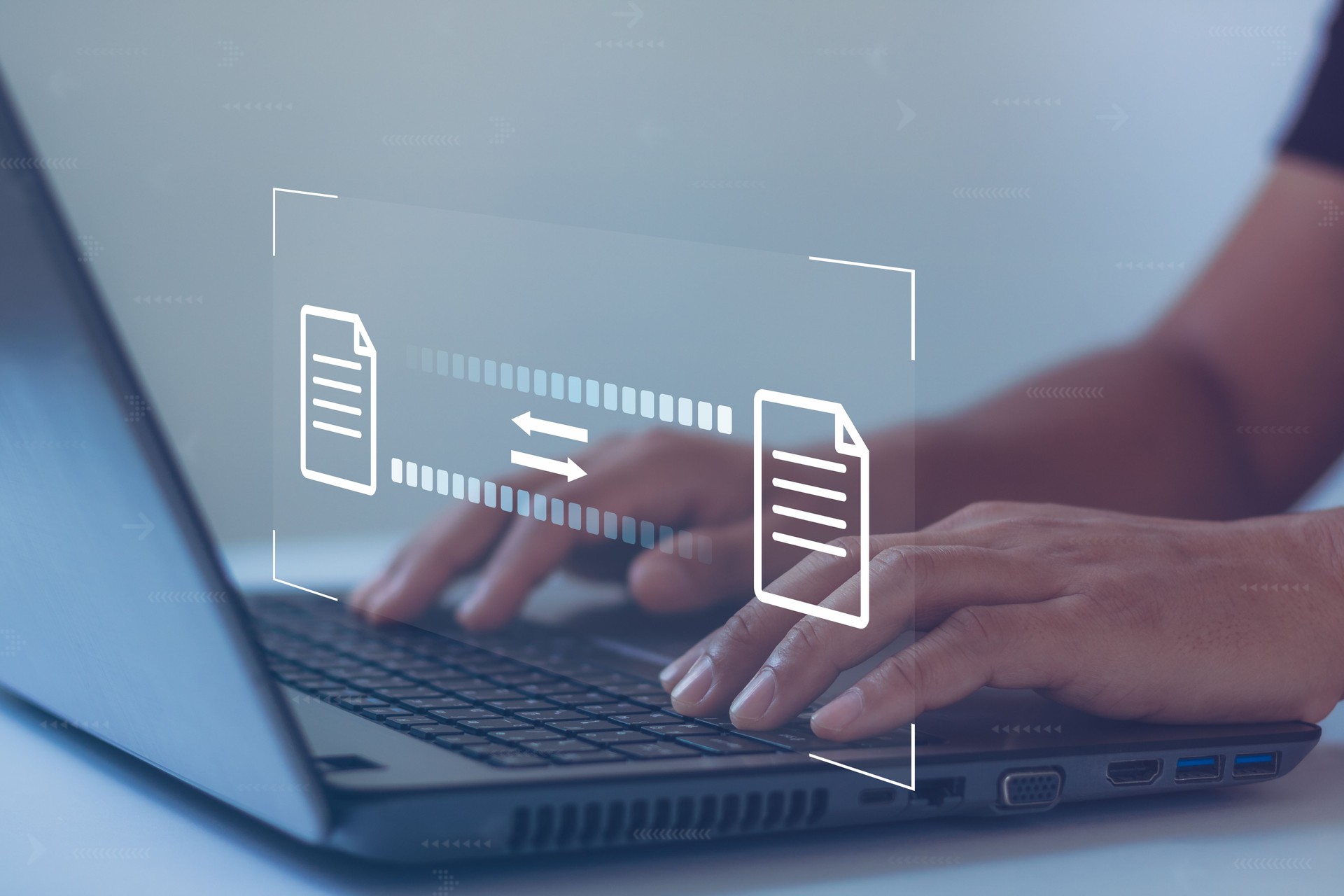 Data Transfer concept. FTP(File Transfer Protocol) files receiver and computer backup copy. File sharing isometric. Digital system for transferring documents and files online. Businessman using laptop