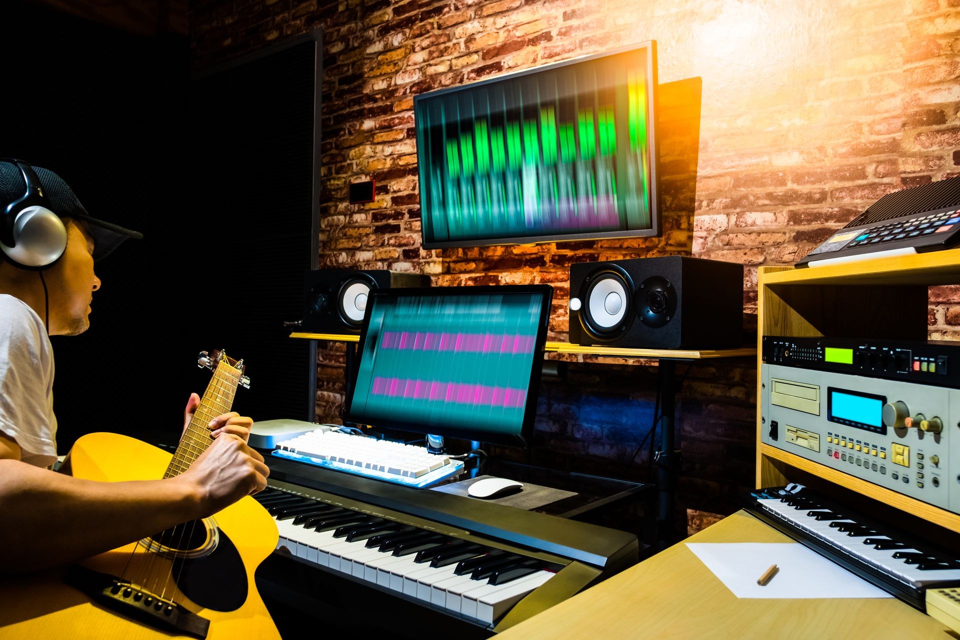 asian male musician recording acoustic guitar track on digital professional audio equipment in home studio